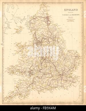 L'ANGLETERRE ET AU PAYS DE GALLES. Canaux et Chemins de fer. SDUK, 1844 carte antique Banque D'Images