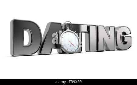 Mot datant avec chronomètre sur fond blanc, 3D illustration d'un concept de réunion de vitesse. Banque D'Images