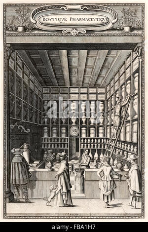 Frontispice montrant l'intérieur d'un apothicaire (pharmacien) français au début du 17e siècle. Voir la description pour plus d'informations. Banque D'Images