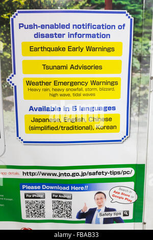 Le Japon, Honshu, Tokyo, Langue Anglais Informations Inscription en cas de catastrophe Banque D'Images