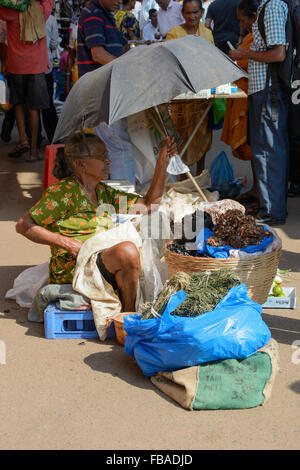 Une femme indienne elle-même les tons du soleil à Mapusa, dans le quartier animé de vendredi, marché, Nord de Goa Anjuna, Inde Banque D'Images