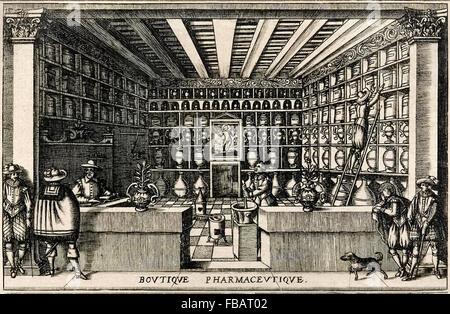 Illustration montrant l'intérieur d'un apothicaire (pharmacien) français au début du 17e siècle. Voir la description pour plus d'informations. Banque D'Images
