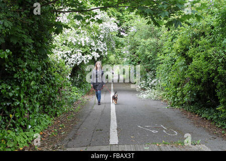 Femme portant un manteau tacheté chien marche le long sentier au printemps Banque D'Images