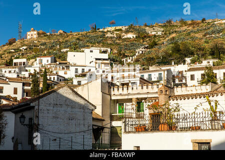 Avis de l'hôtel Sacromonte de Grenade habitée par l'espagnol gypsie avec cactus maisons blanches et visible des grottes Banque D'Images