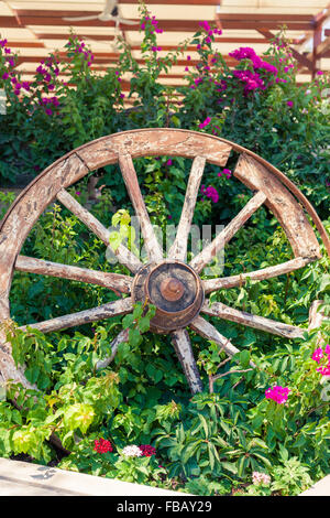 Vieux wagon wheel in flower bed Banque D'Images