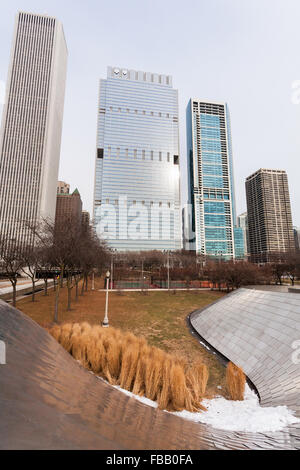 Les courbes du pont BP autour d'une pelouse dans le Millennium Park dans le centre-ville de Chicago, Illinois. Banque D'Images