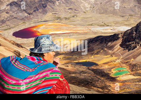 Les lacs colorés sous le pic de Chacaltaya dans les Andes boliviennes, avec un lac décoloré par les effluents miniers. Banque D'Images