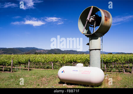 Portrait d'une machine du vent dans un vignoble, calistoga, Napa Valley, Californie Banque D'Images