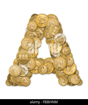 Lettre A fait à partir de pièces d'or argent isolé sur fond blanc Banque D'Images