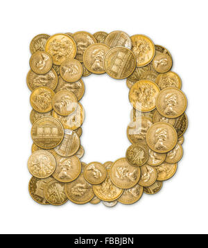 Lettre d fabriqués à partir de pièces d'or argent isolé sur fond blanc Banque D'Images