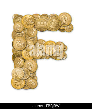 Lettre F fabriqués à partir de pièces d'or argent isolé sur fond blanc Banque D'Images