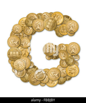 Lettre G fabriqués à partir de pièces d'or argent isolé sur fond blanc Banque D'Images