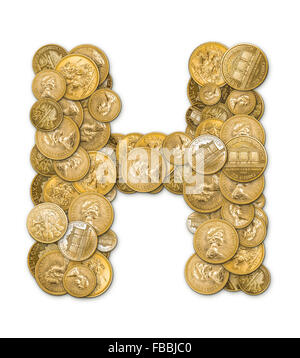 Lettre H fabriqués à partir de pièces d'or argent isolé sur fond blanc Banque D'Images