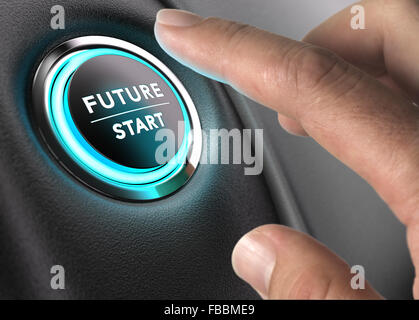 À propos de doigt pour appuyer sur le bouton de l'avenir avec plus de lumière bleu et noir fond gris. image concept pour l'illustration du changement ou Banque D'Images