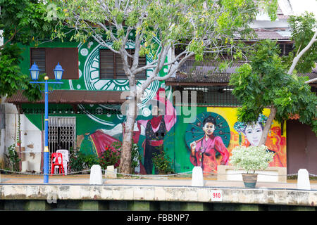 Les muraux colorés par la rivière Malacca. Banque D'Images