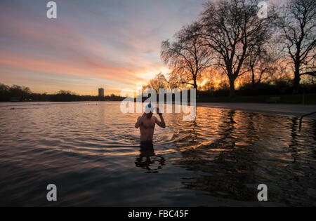 Un homme prend un matin tôt nager dans la Serpentine, à Hyde Park, Londres Banque D'Images