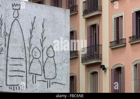 Fresque de scènes folk Catalan par l'artiste norvégien Carl Nesjar à partir d'une conception par Picasso. Barcelone. Espagne Banque D'Images