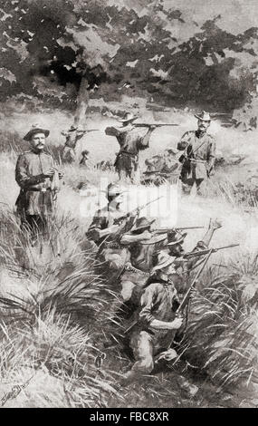 Les Rough Riders, membres de la 1ère Cavalerie volontaire des membres, à la bataille de Las Guasimas, Cuba, le 24 juin 1898, le premier engagement de la guerre hispano-américaine. Banque D'Images