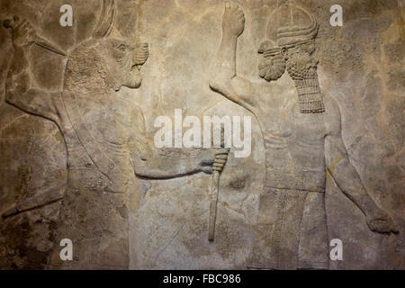 Détail dans le British Museum d'un bas-relief assyrien. Rois assyriens ont concouru pour se surpasser avec reliefs sculptés sur les murs intérieurs. Cette tradition a commencé avec le roi Assurnazirpal II (qui régna de 883-859BC) à Nimrud. Dans 612BC villes assyriennes ont été pillés et détruits par les Babyloniens et les Mèdes et les sculptures ont été enterrés jusqu'à découvert par des archéologues français et britannique au xixe siècle. En conséquence, Londres et Paris ont la plus grande collection de reliefs assyriens en dehors de l'Iraq. Banque D'Images