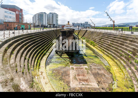 SS Nomadic est assis dans son dernier lieu de repos dans la région de Belfast Titanic Quarter. Banque D'Images