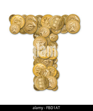 Lettre T fabriqués à partir de pièces d'or argent isolé sur fond blanc Banque D'Images