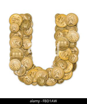 Lettre U fabriqués à partir de pièces d'or argent isolé sur fond blanc Banque D'Images