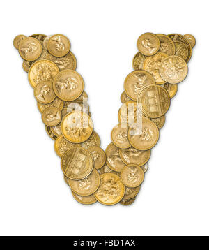 Lettre V fabriqués à partir de pièces d'or argent isolé sur fond blanc Banque D'Images