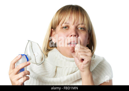 Toux malades inhalateur woman isolated on white Banque D'Images