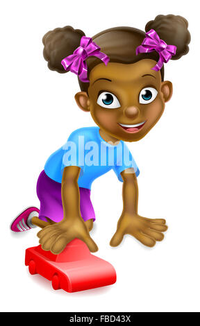 Cartoon little black girl Playing with a toy voiture rouge Banque D'Images