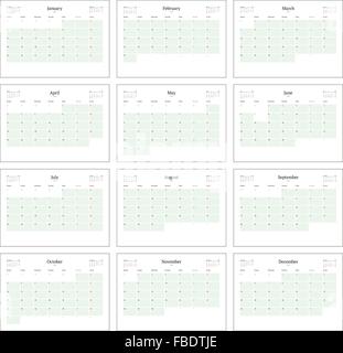 Planificateur de calendrier mensuel pour 2016. Modèle d'ensemble de 12 mois. Semaine commence lundi. Vector Illustration Illustration de Vecteur