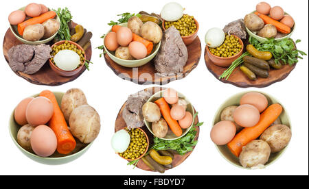 Fixer avec des ingrédients pour cuisiner une salade russe isolé sur fond blanc Banque D'Images