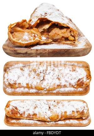 Set de strudel aux pommes sur planche de bois isolé sur fond blanc Banque D'Images