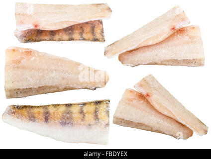Ensemble de zander congelé (Sandre) filets de poisson isolé sur fond blanc Banque D'Images