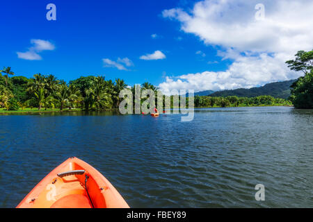 Kayak sur la rivière Hanalei Hanalei, Kauai, Hawaii, Banque D'Images