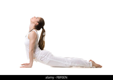 Young model in white fitness sportswear faisant du yoga ou de formation pilates, urdhva mukha shvanasana (cobra), v Banque D'Images