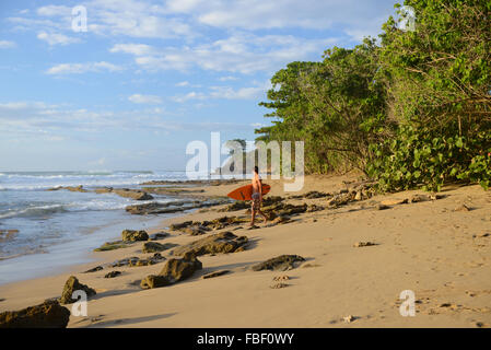 Surfer à marcher vers l'océan de Maria's Beach. Rincon, Puerto Rico. USA territoire. L'île des Caraïbes. Banque D'Images