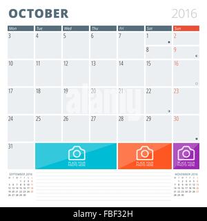 Planificateur de calendrier 2016 Modèle Design avec place pour les photos et les notes. Octobre. Semaine commence lundi Illustration de Vecteur