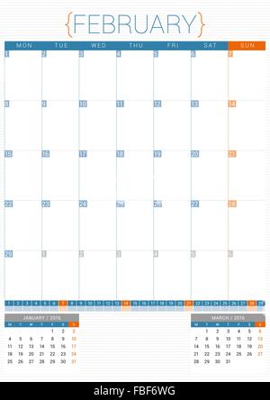 Planificateur de calendrier 2016 Modèle. Février. Semaine commence lundi Illustration de Vecteur