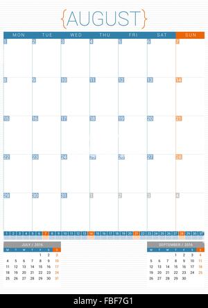Planificateur de calendrier 2016 Modèle. En août. Semaine commence lundi Illustration de Vecteur