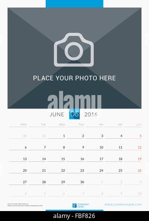En juin 2016. Calendrier mensuel mural pour l'année 2016. Modèle d'impression vecteur Conception avec place pour la photo. Semaine commence lundi. Portrait Illustration de Vecteur
