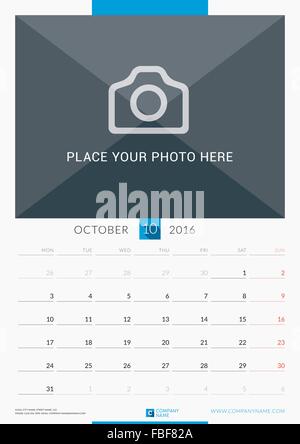 Octobre 2016. Calendrier mensuel mural pour l'année 2016. Modèle d'impression vecteur Conception avec place pour la photo. Semaine commence lundi. Portra Illustration de Vecteur