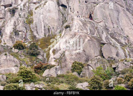 Les grimpeurs au Pico de la Miel Le miel (Crête), dans la Sierra de la Cabrera, Guadarrama, Madrid, Espagne Banque D'Images