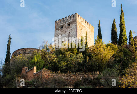 Une des tours du quartier maure de l'Alhambra à Grenade en Espagne à partir du pied de l'Alhambra près de la rivière Darro. Banque D'Images