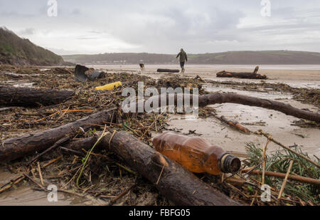 Les détritus rejetés sur Llansteffan plage après la marée haute après un hiver humide. Carmarthenshire. Le sud du Pays de Galles. UK. Banque D'Images