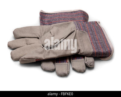 Paire de gants de travail de jardinage en cuir à usage intensif isolés sur blanc Banque D'Images