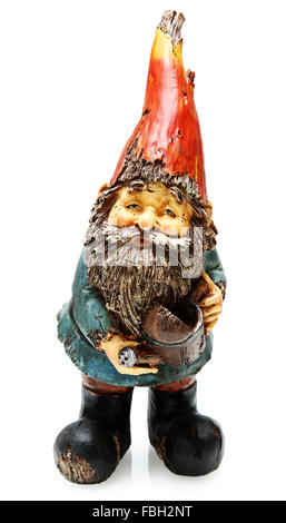 Jardin en bois adorable gnome avec arrosoir debout. Isolated over white. Banque D'Images