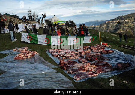 Algérie - Tizi Ouzou ,Janvier 8,2016 La célébration de Yennayer 2966 le Nouvel an berbère dans le village MEZEGUENE des tops montagne de la Kabylie va voir l'abattage et la découpe des carcasses de veaux 10 puis la distribution de la viande Banque D'Images