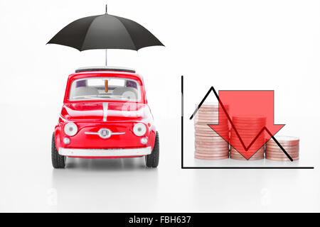 Une voiture avec un parapluie et la diminution des crédits, ce qui indique une diminution de la valeur/bénéfices Banque D'Images