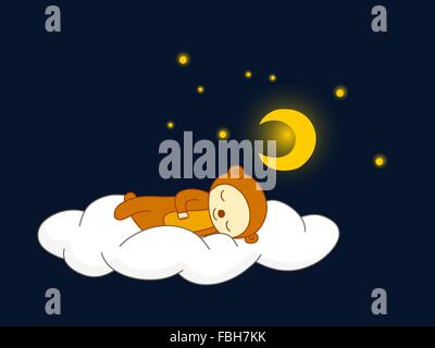 Cute kid en costume d'ours de dormir sur un nuage. Illustration de Vecteur