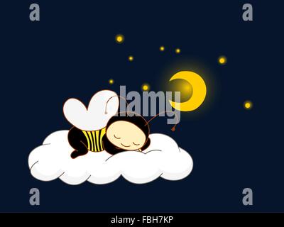 Cute kid en costume d'abeille de dormir sur un nuage. Illustration de Vecteur